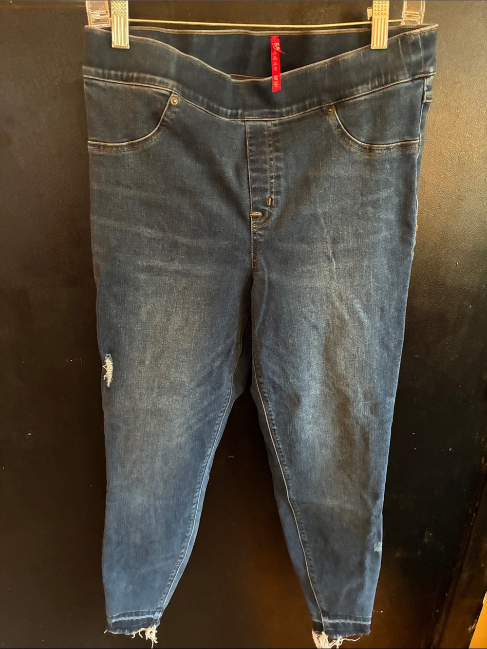 SPANX Dark Denim Blue Stretch Jeggings with Light Distress